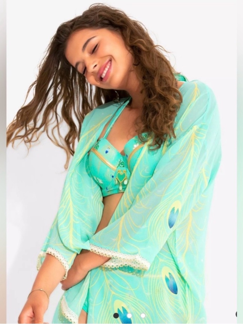 Disney Jasmine Swim Set 3-Piece Bikini + Kimono Cover Up NWT Hot Topic Peacock - Picture 2 of 14